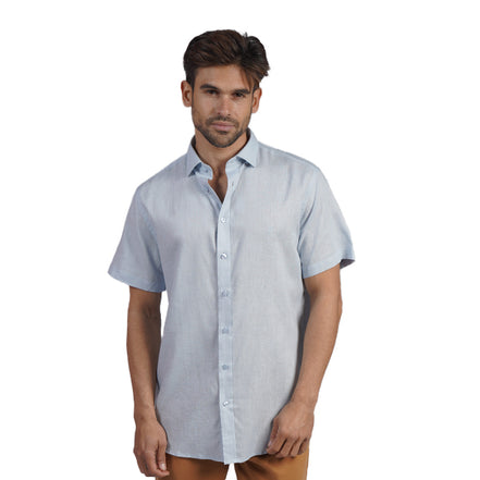 100% Linen Button Short Sleeve Button Down Shirt - Light Blue Eight-X