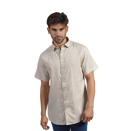 100% Linen Button Short Sleeve Button Down Shirt - Beige Eight-X