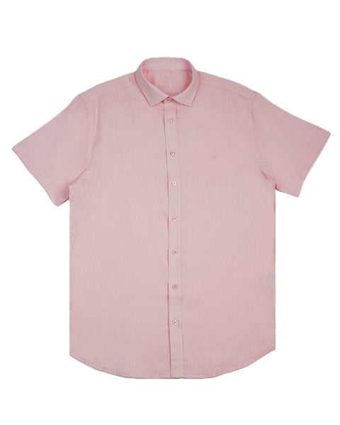 100% Linen Button Short Sleeve Button Down Shirt - Pink Eight-X PINK S