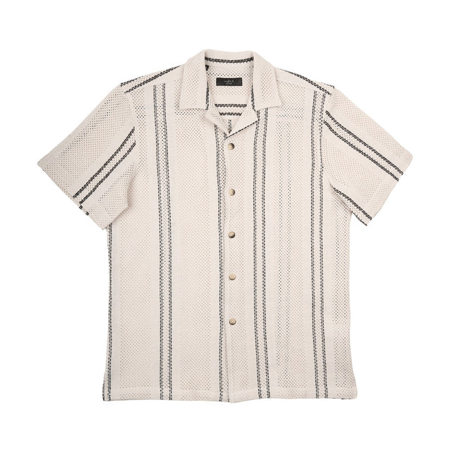 Open Gauge Crochet Relaxed Fit Short Sleeve Button Down Shirts Eight-X BEIGE S