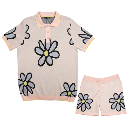 Mod Bloom Knit Short Sleeve and Short Set - Pink Matching Sets Eight-X