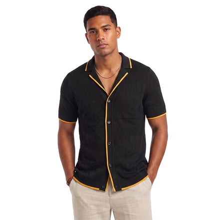 Botanical Jacquard Knit Short Sleeve Shirt - Black Knits Eight-X