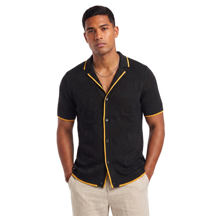 Botanical Jacquard Knit Short Sleeve Shirt - Black Knits Eight-X