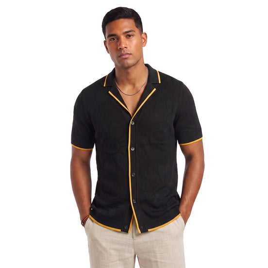 Botanical Jacquard Knit Short Sleeve Shirt - Black Knits Eight-X