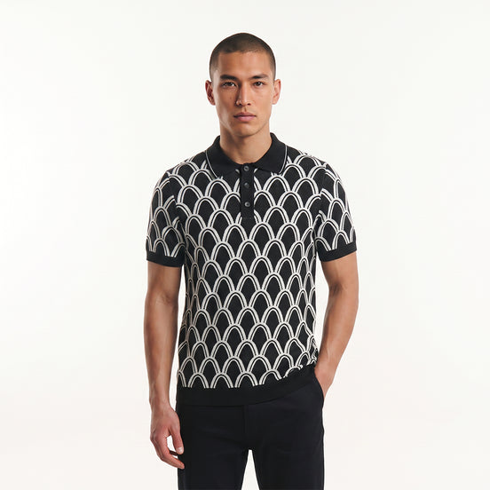 Arc Jacquard Knit Short Sleeve Polo - Black Knits Eight-X