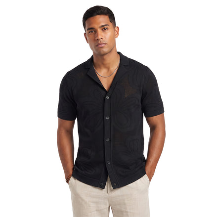 Lily Jacquard Knit Short Sleeve Shirt - Black Knits Eight-X