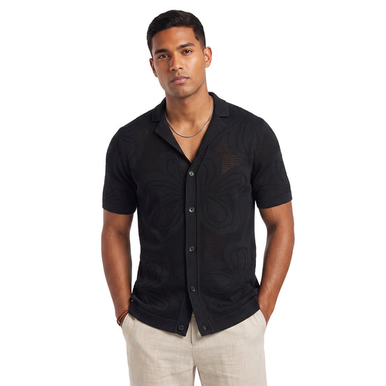 Lily Jacquard Knit Short Sleeve Shirt - Black Knits Eight-X