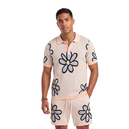 Mod Bloom Knit Short Sleeve and Short Set - Pink Matching Sets Eight-X
