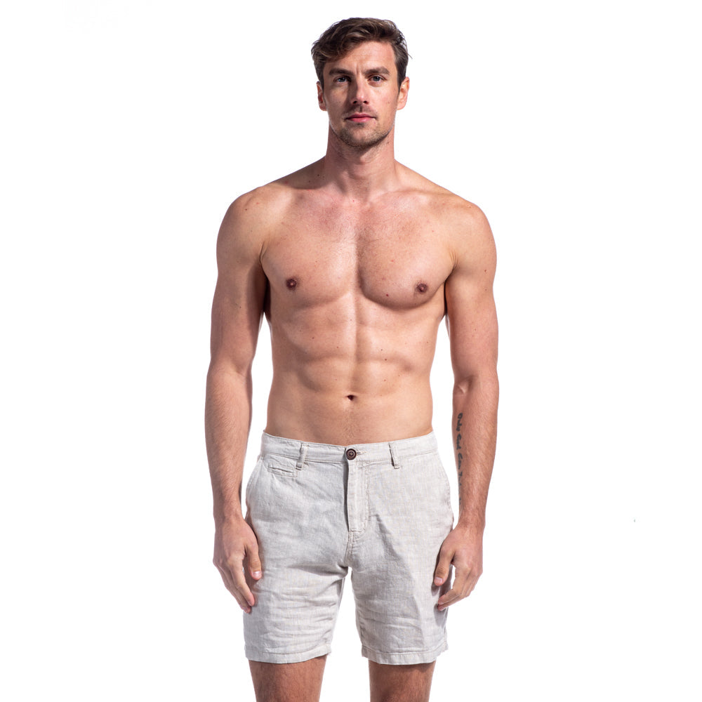 Beige Linen Slim Fit Shorts Shorts Eight-X