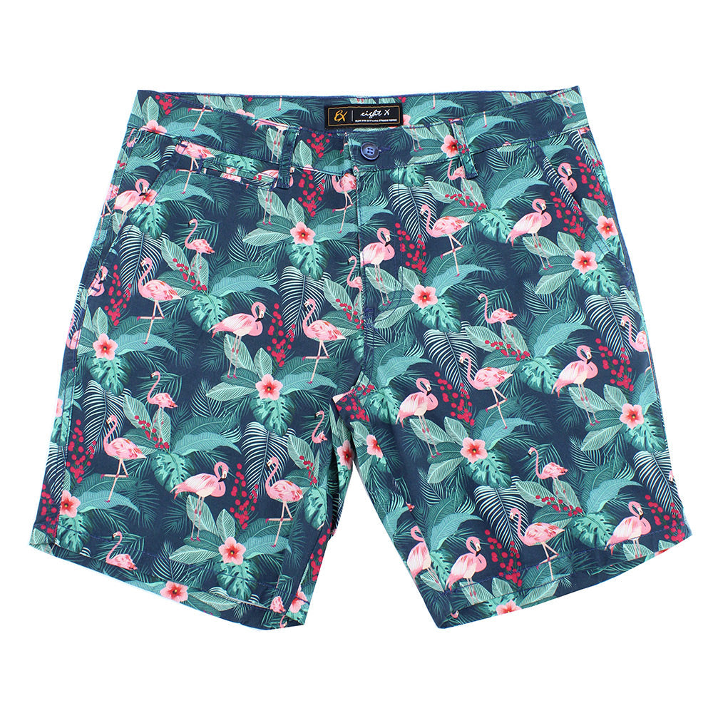 Green Flamingo Print Shorts Chino Shorts EightX