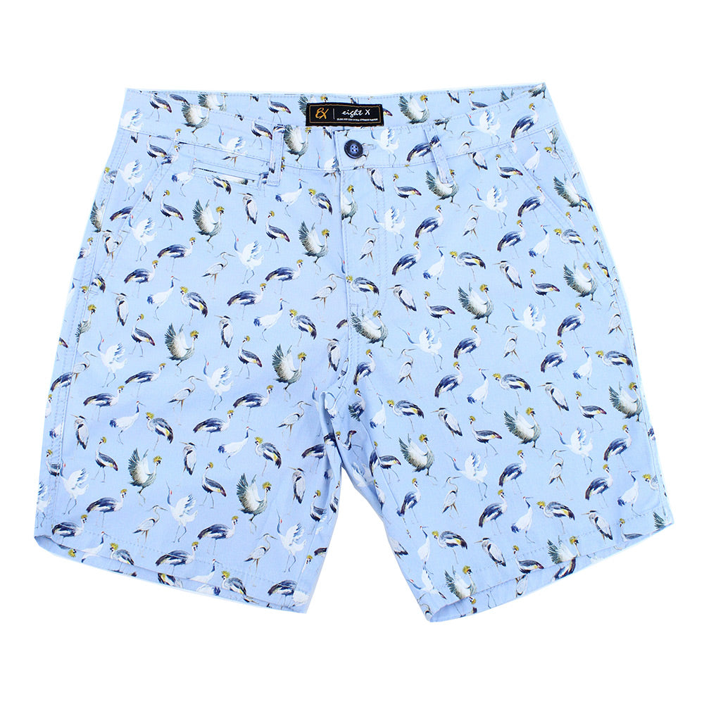 Sky Blue Crane Print Shorts Chino Shorts EightX