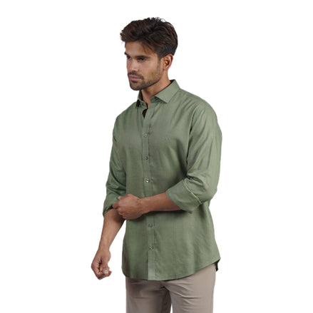100% Linen Button Long Sleeve Button Down Shirt - Green Eight-X