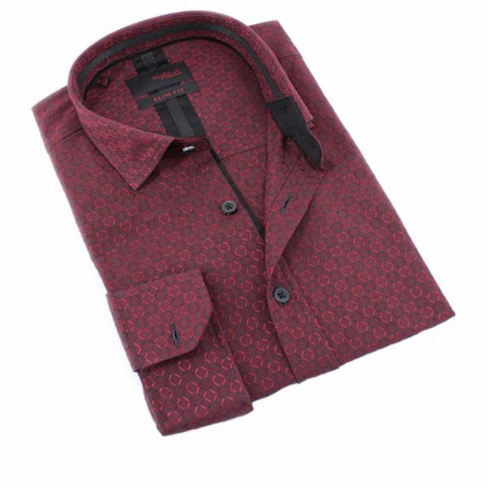 Burgundy Jacquard Button Down Shirt Long Sleeve Button Down EightX RED S 