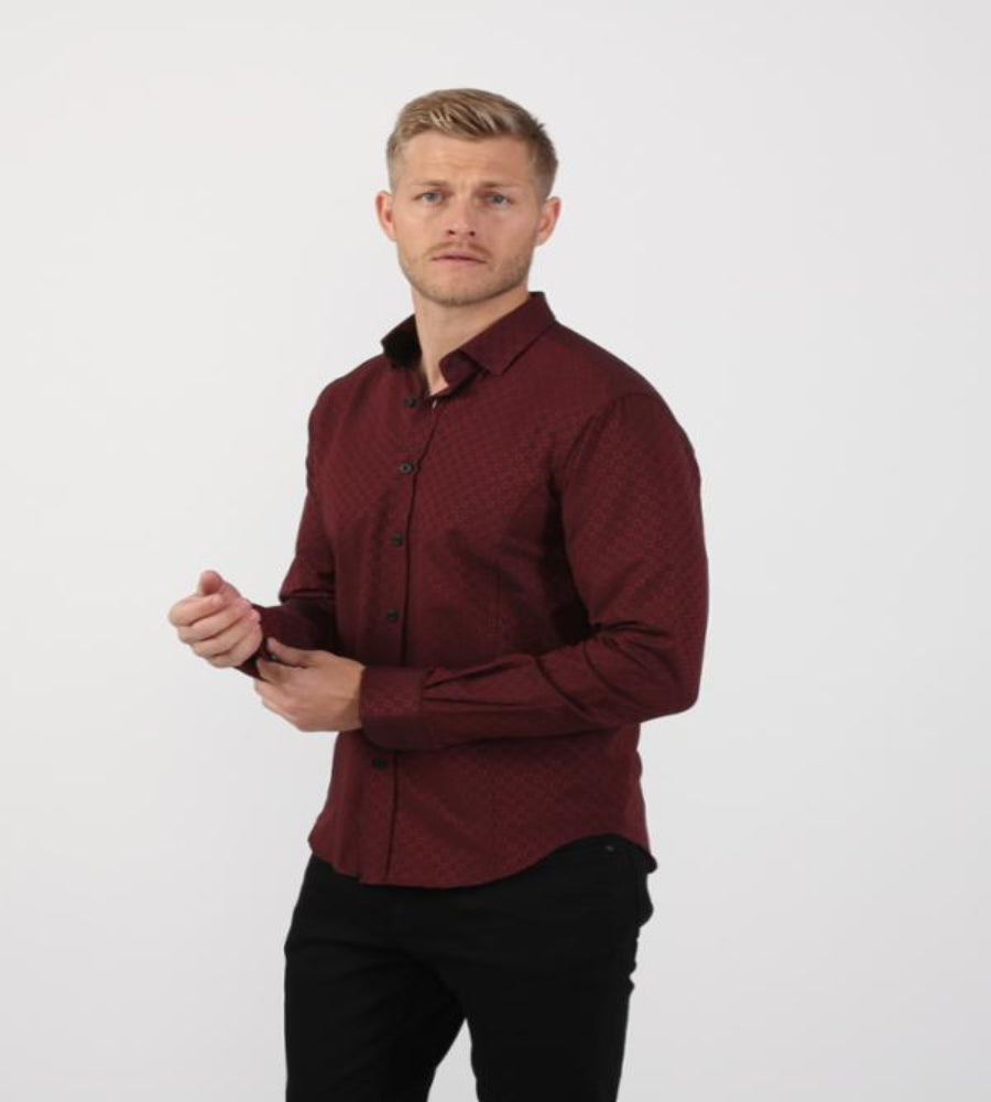 Burgundy Jacquard Button Down Shirt Long Sleeve Button Down EightX   