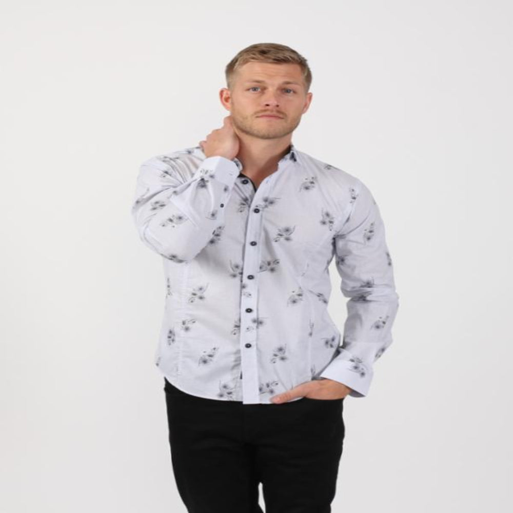 Men's slim fit gray collar button up dress shirt with gray floral print