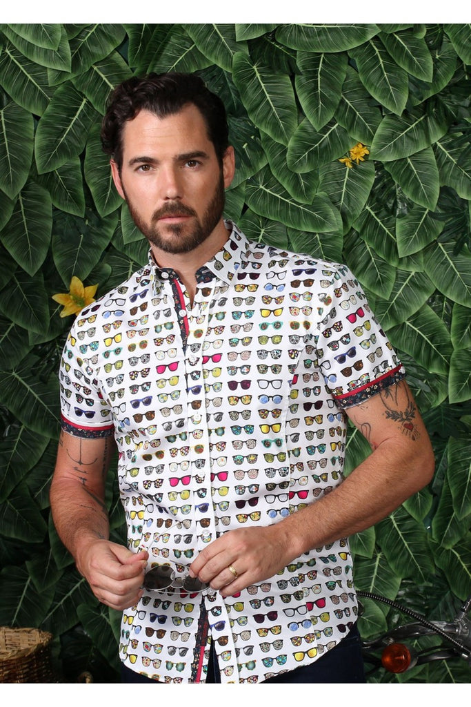 Sunglasses Print Short Sleeve Shirt W/ Flower Trim Short Sleeve Button Down EightX   