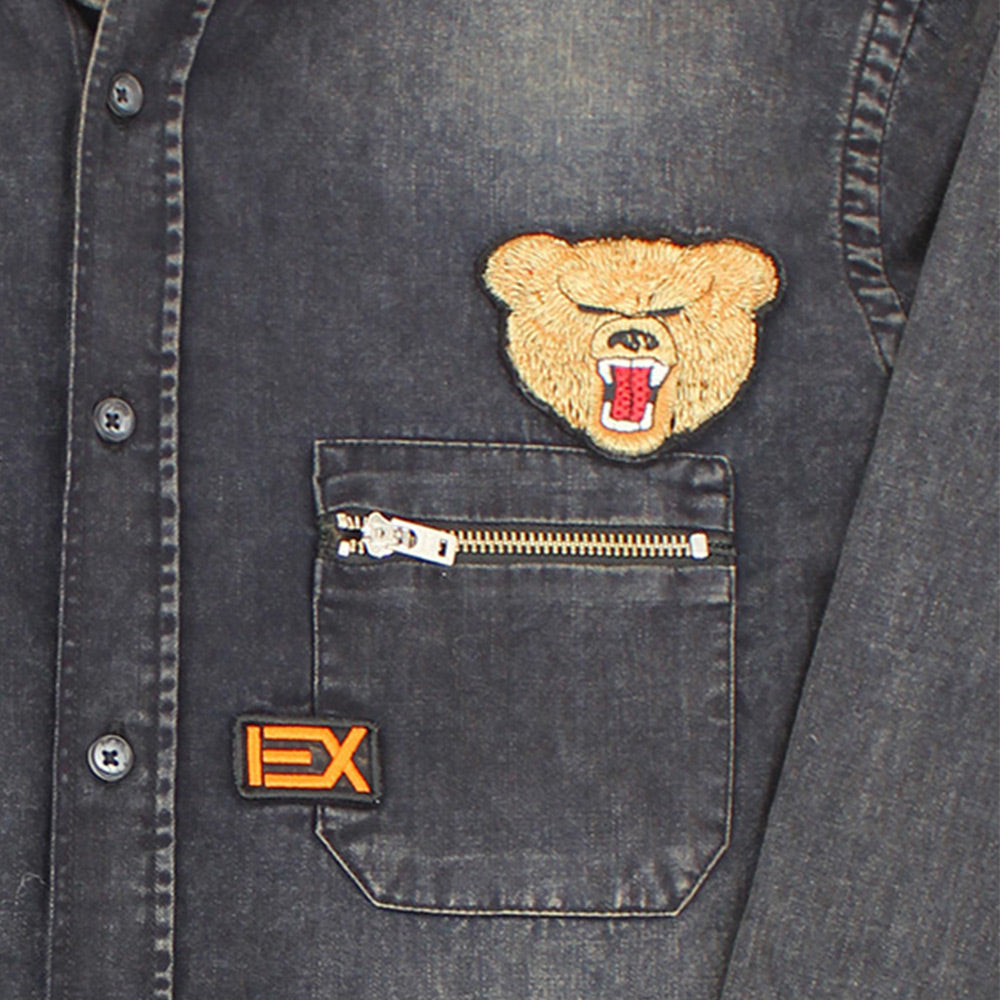 Black Grizzly Bear Denim Button Down Shirt Long Sleeve Button Down Eight-X   