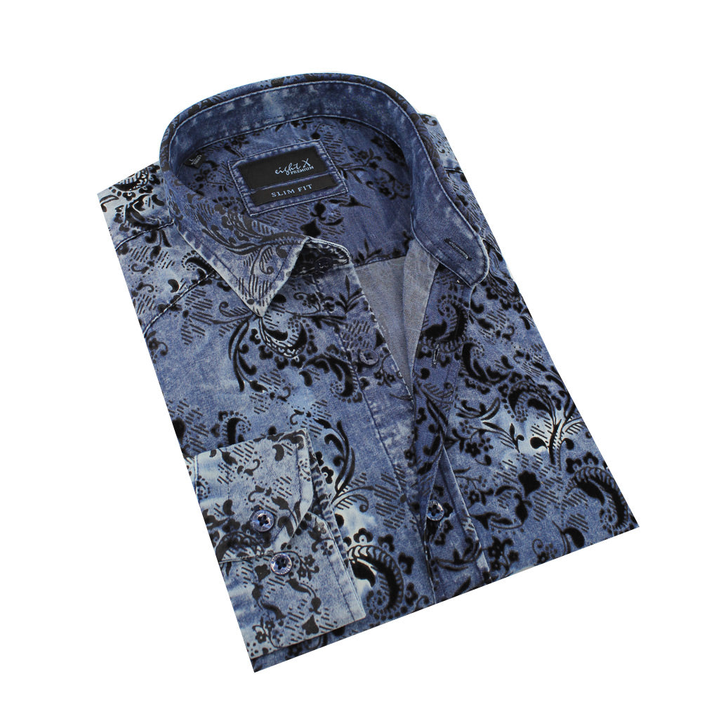 Distressed Denim  Button Down  Paisley Print W/ Slight Flocking Long Sleeve Button Down Eight-X   