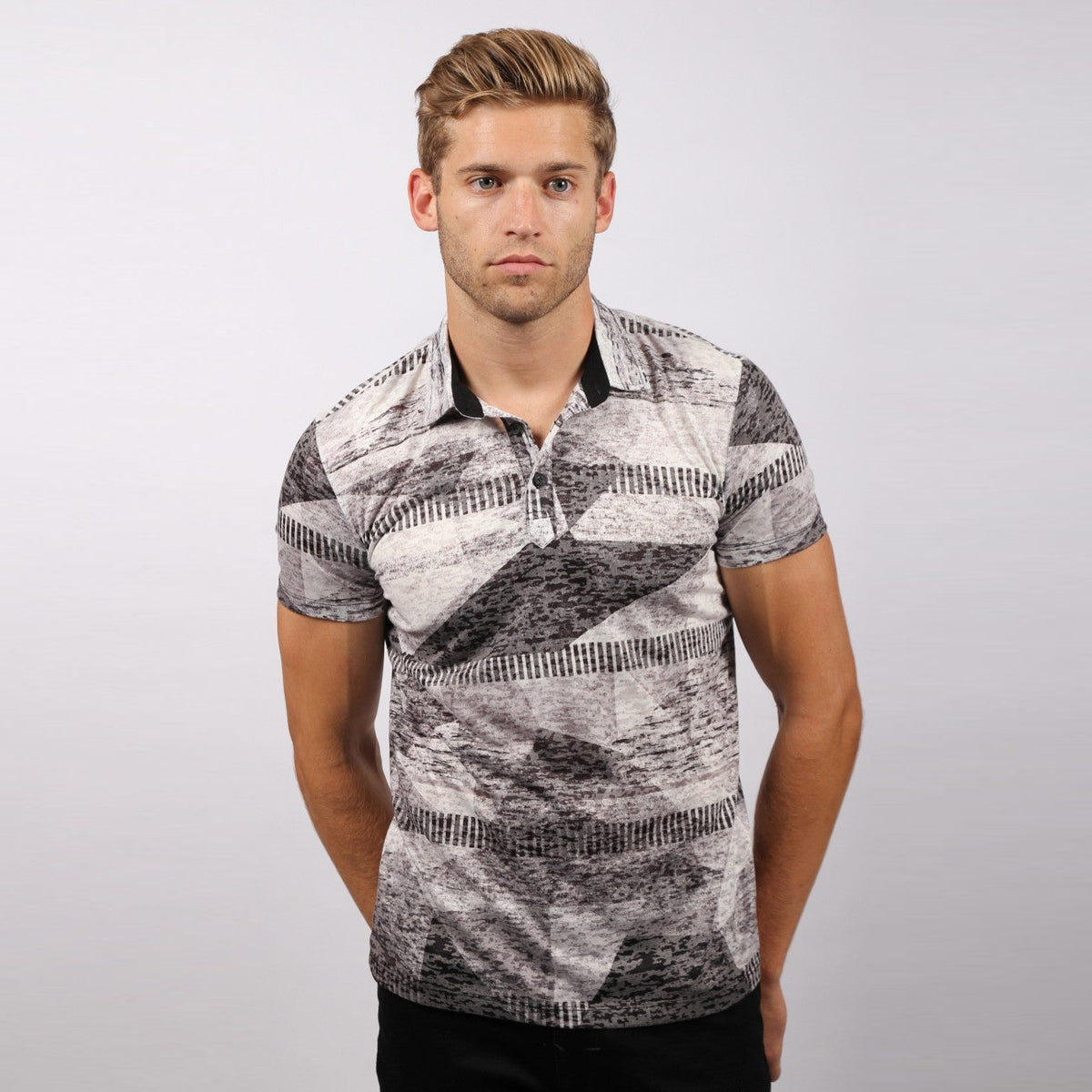 Black and Grey Print Polo Shirt Polos EightX   