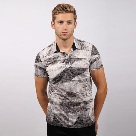 Black and Grey Print Polo Shirt Polos EightX   