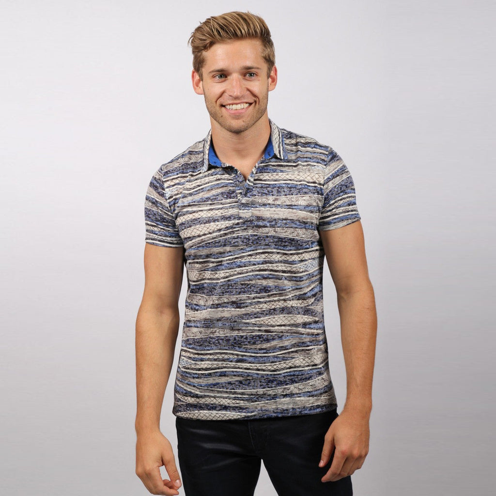 Blue Stripe Print Polo Shirt Polos EightX   