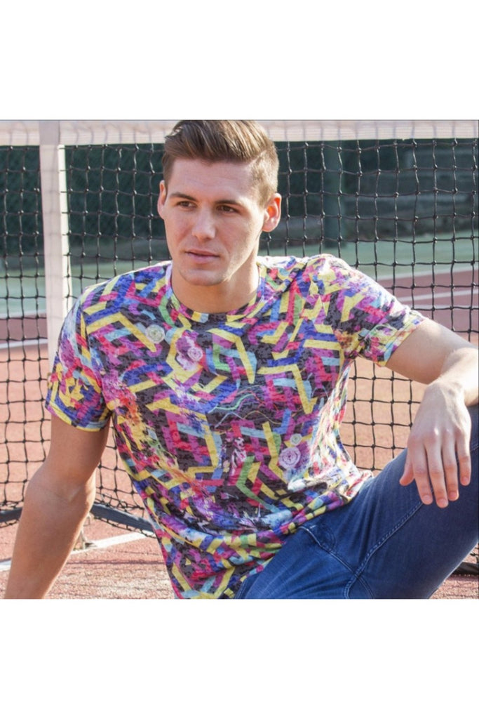 Multi Color Geo Lines Print T-Shirt All Over Print T-Shirts EightX   