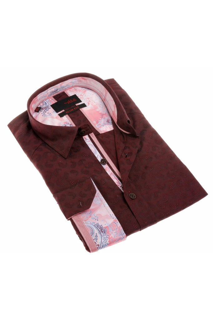 Bordeaux Paisley Jacquard Button Down  Shirt Long Sleeve Button Down EightX   