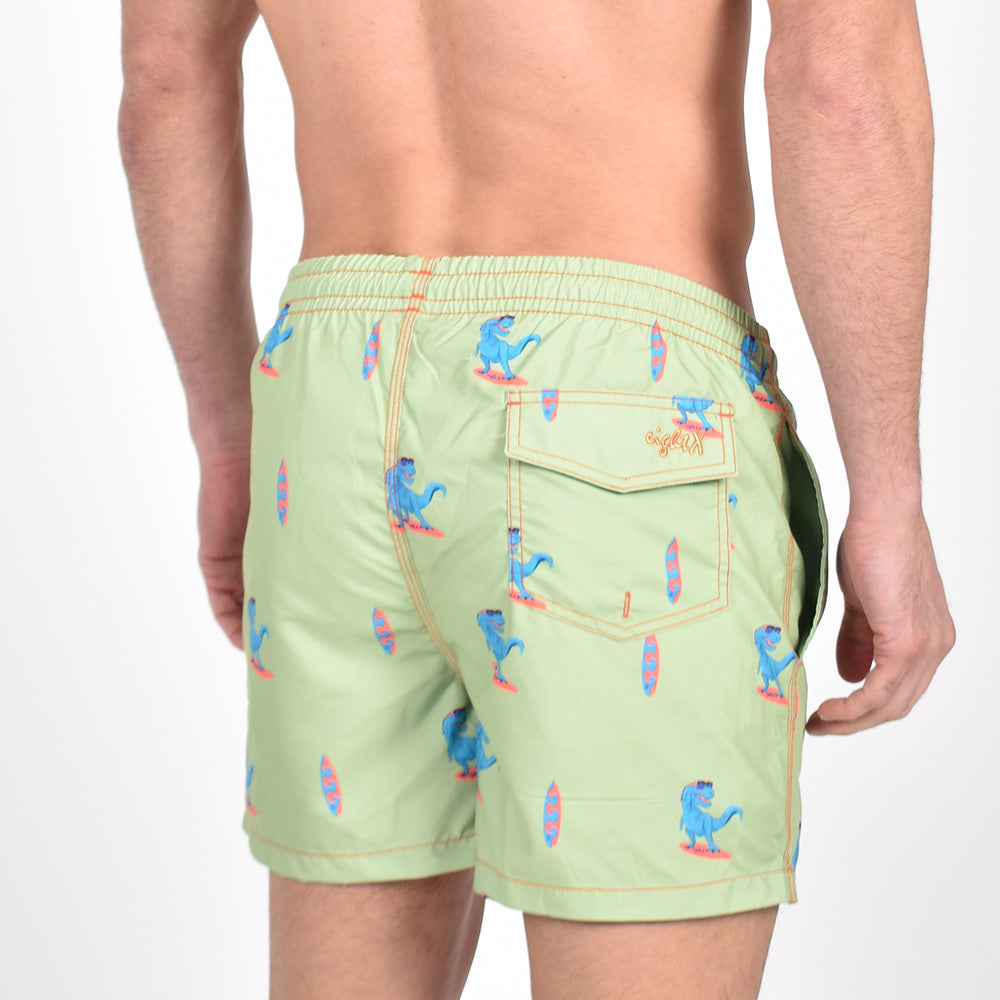 Green Surfing T-Rex Print Swim Trunks Swim Trunks Eight-X   