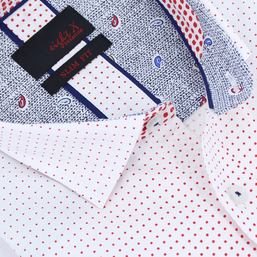 Men's slim fit white button up collar red ombre dot print dress shirt