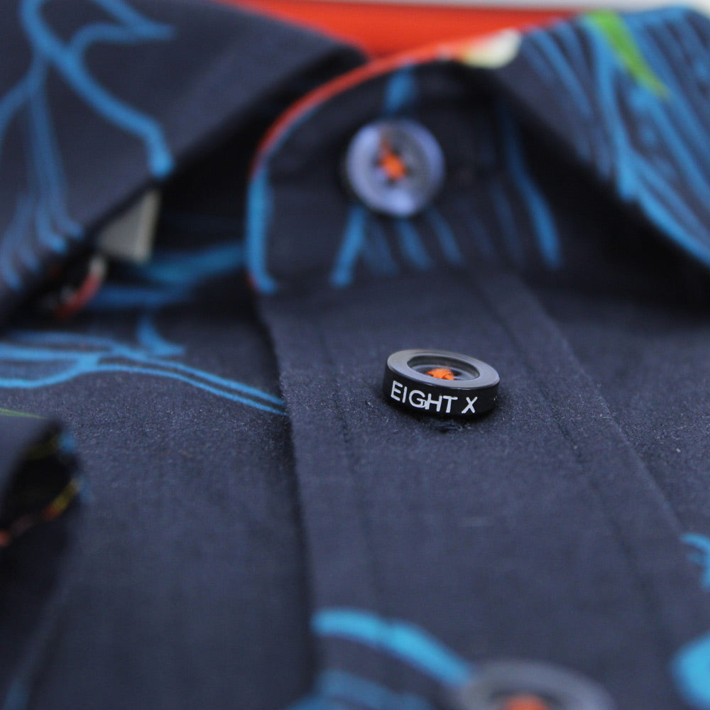 Men's slim fit navy button up collar lily print dress shirt with orange trim
