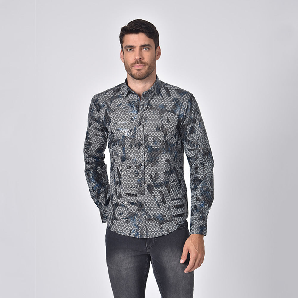 Snake Print Foil Jacquard Button Down Shirt With Navy Trim Long Sleeve Button Down Eight-X   