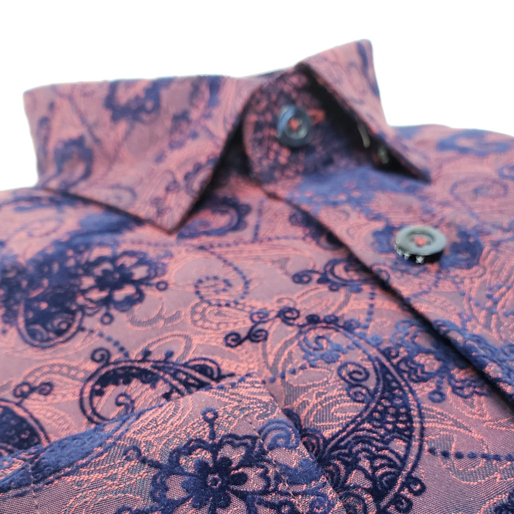 Men's slim fit burgundy collar button up dress shirt with floral vine flocking design