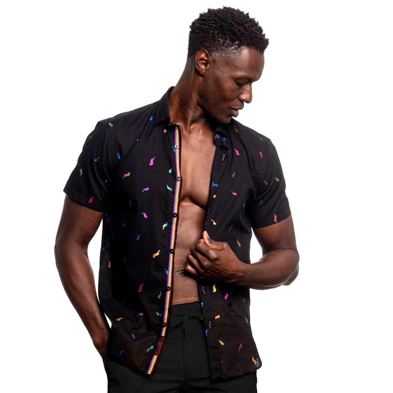 Eight X | Designer Dress Shirts | Parrot Punch Foil Short Sleeve Shirt Black / XL Eight X | Designer Dress Shirts | Parrot Punch Foil Short Sleeve Shirt Black / XL
