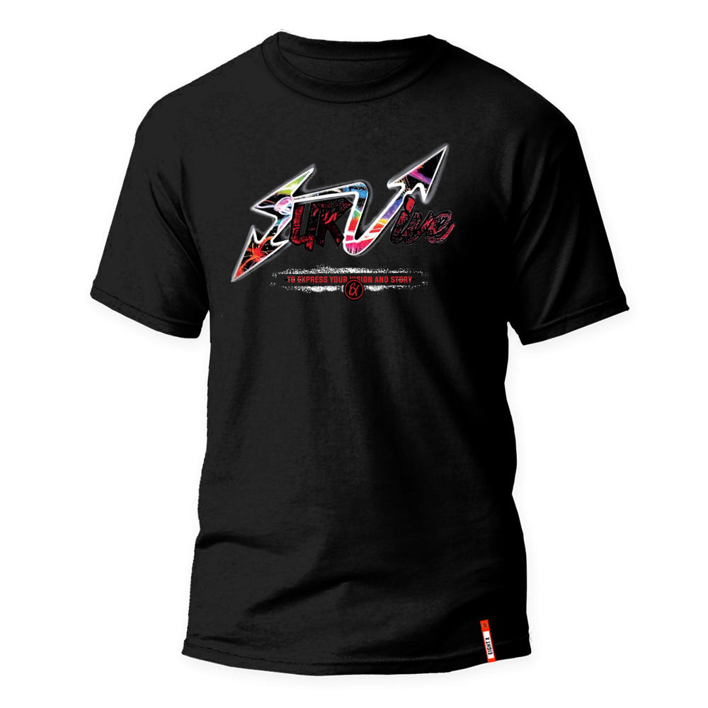 Black mens streetwear t-shirt with colorful "survive" text