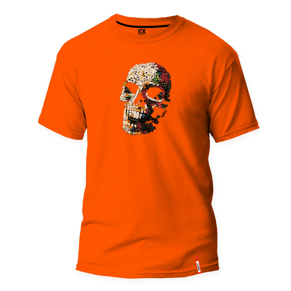 raised textured skull graphic shirt in orange