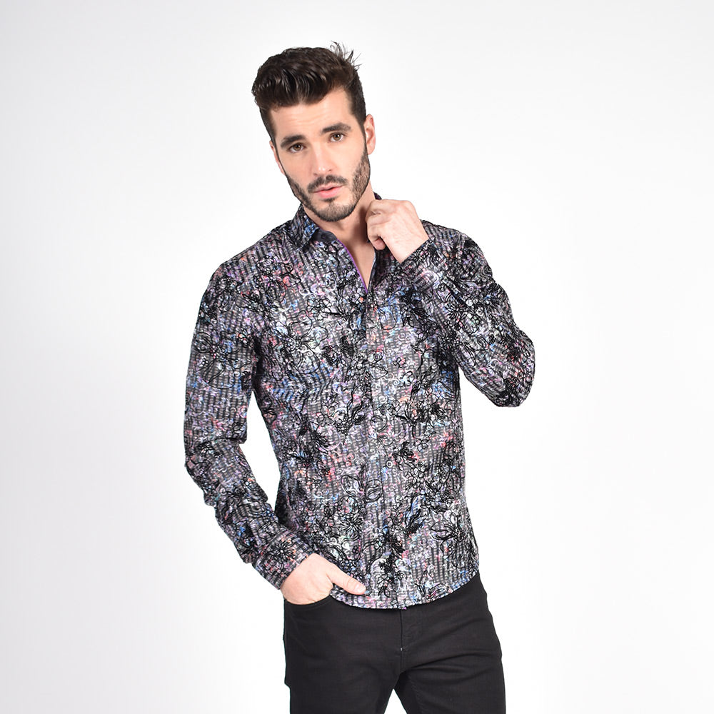 Colorful Baroque Button Down Shirt with Flocking Long Sleeve Button Down Eight-X   