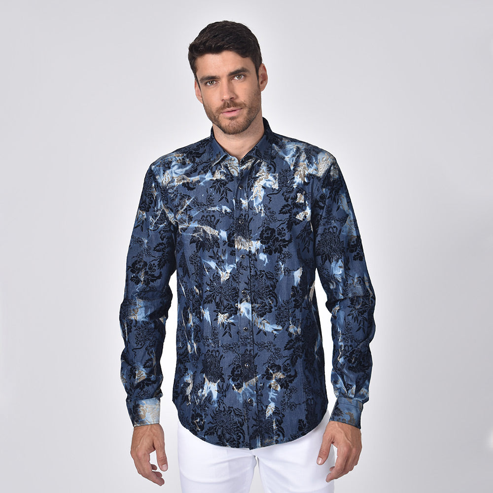 Distressed Denim Floral Flocking Button Down Shirt Long Sleeve Button Down Eight-X   