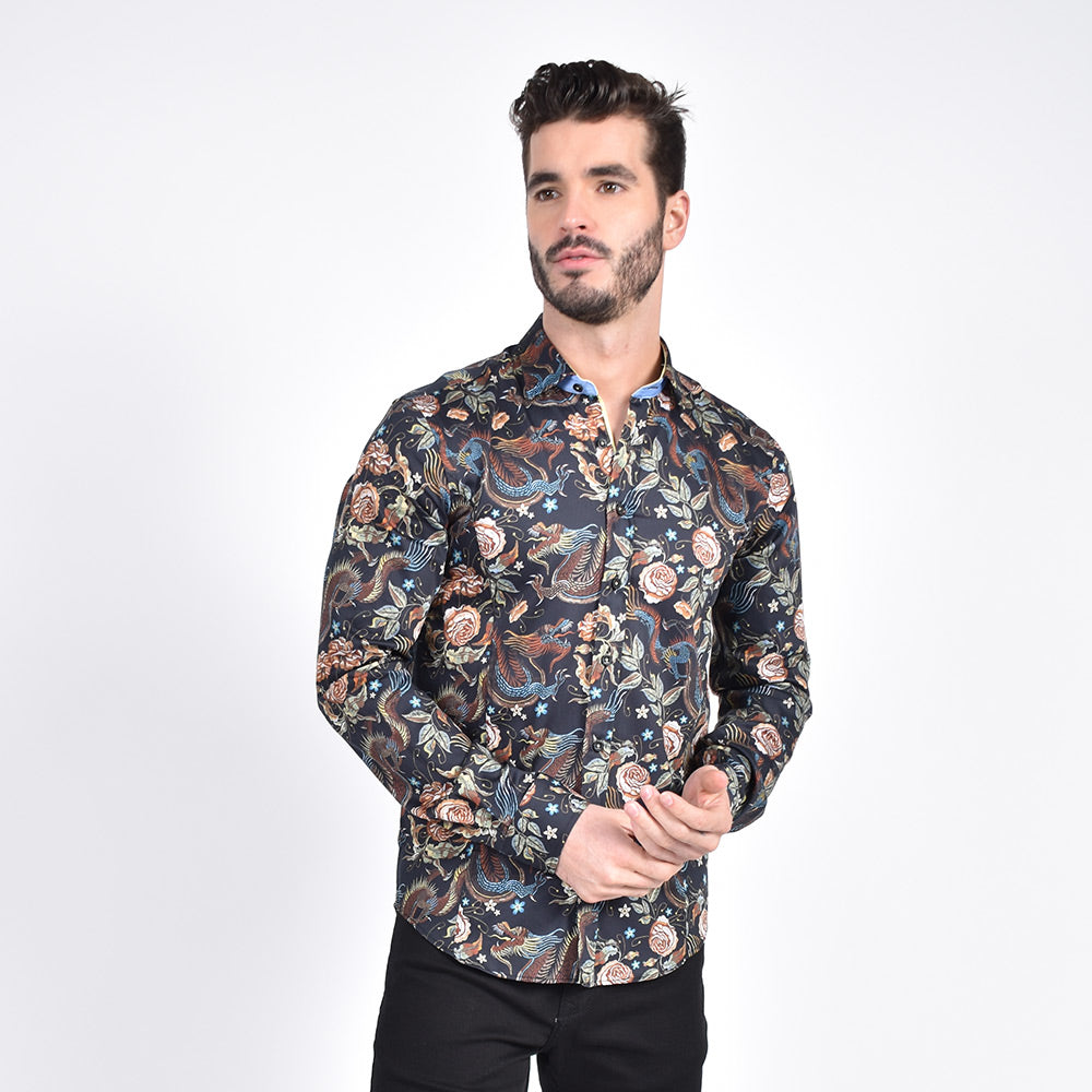 Model in black button-up with floral and dragon print.