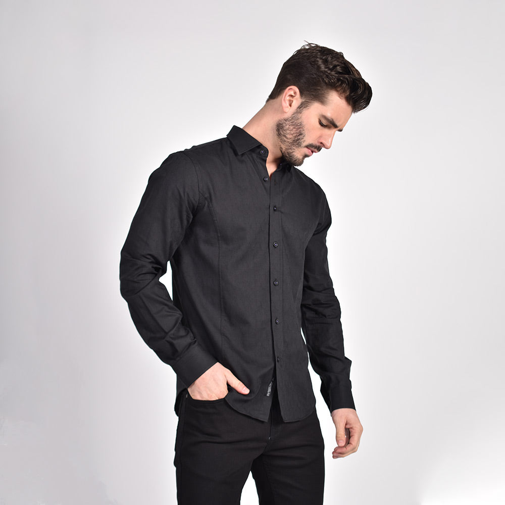 Black Soft Spiral Jacquard Button Down Shirt Long Sleeve Button Down Eight-X   