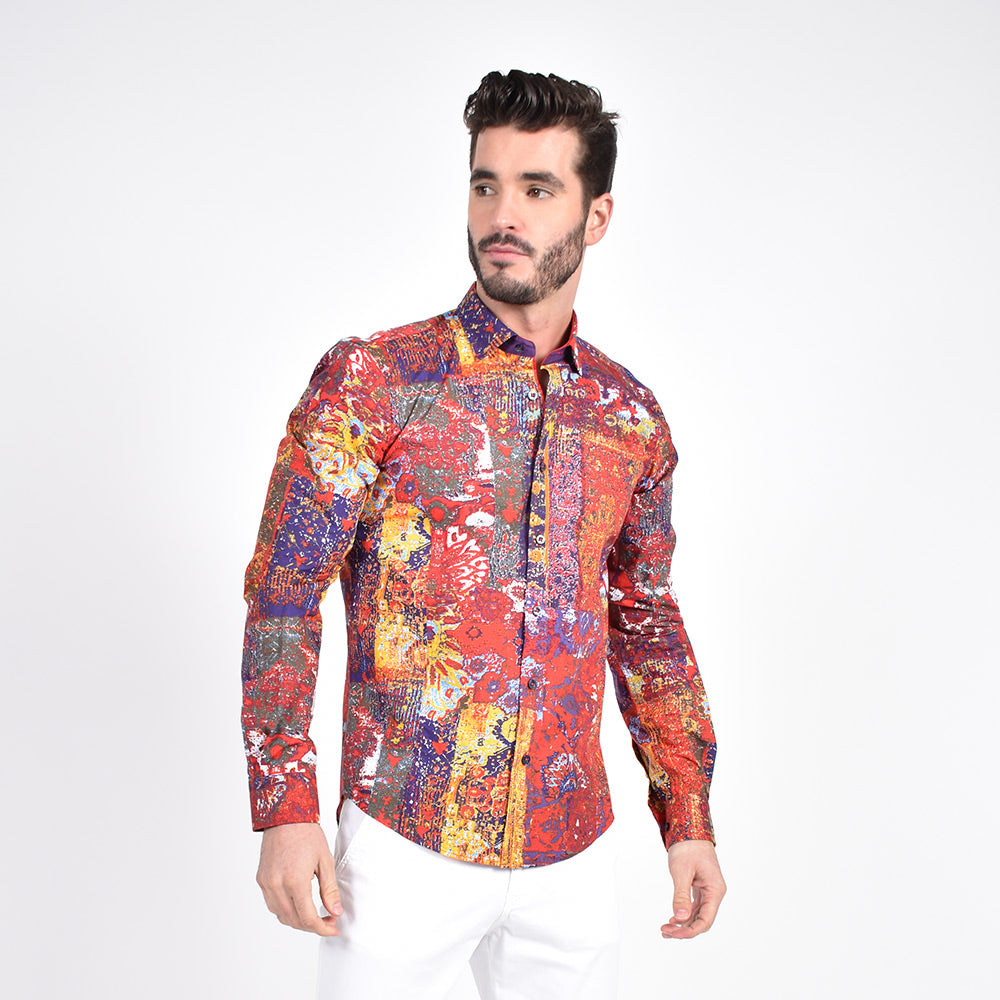 Model in red fresco print button-up.