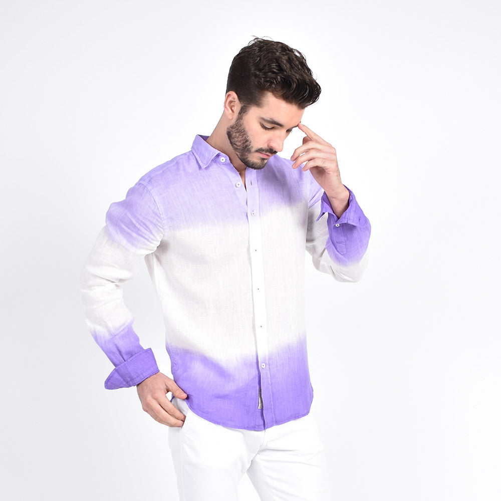 Model in long-sleeve, white linen button up with lilac ombré finish.