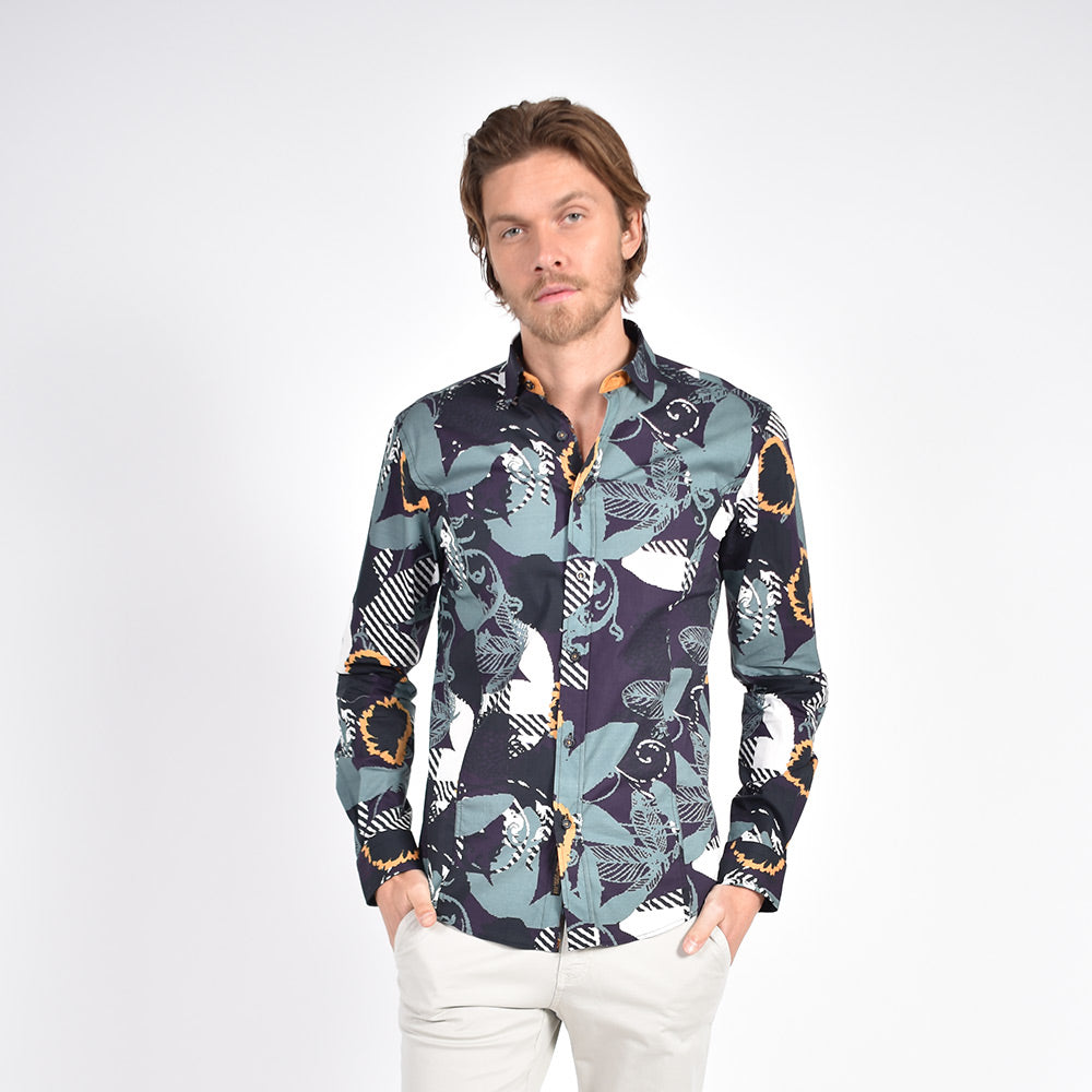 Pixelated Garden Print Shirt Long Sleeve Button Down Eight-X   