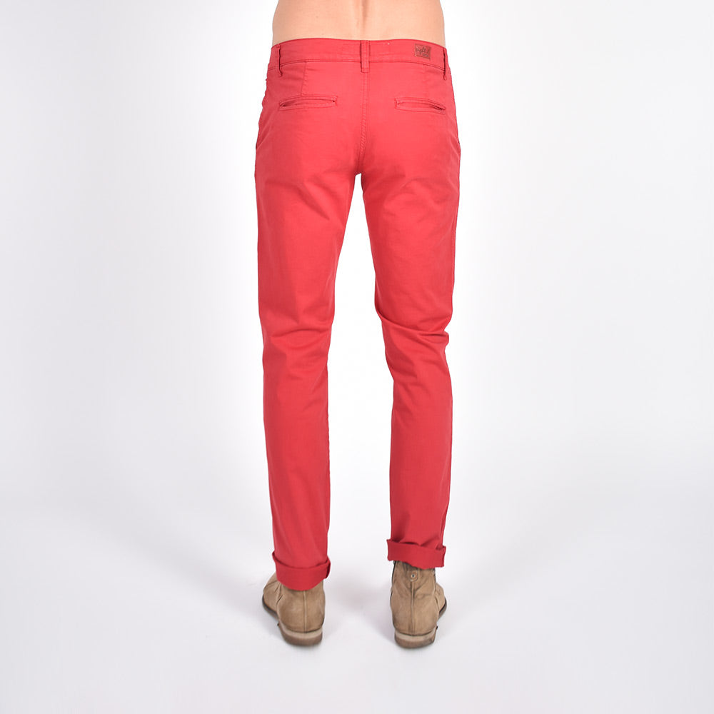 Model Wearing Red, Slim Fit Chinos, Back View Showing Pockets