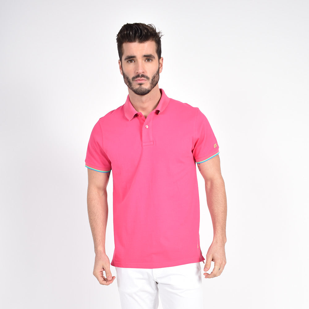 Fuchsia Polo with Double Sided Multi colored Striped Collar Polos Eight-X