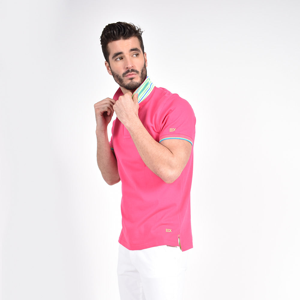Fuchsia Polo with Double Sided Multi colored Striped Collar Polos Eight-X