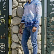 Navy Button Down Print Shirt W/ Paisley Trim Long Sleeve Button Down EightX   