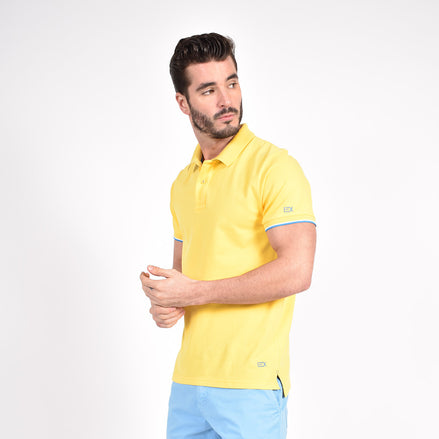 Yellow Polo with Double Sided Collar with Blue and White Ribbed Texture Polos Eight-X