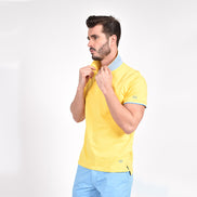 Yellow Polo with Double Sided Collar with Blue and White Ribbed Texture Polos Eight-X
