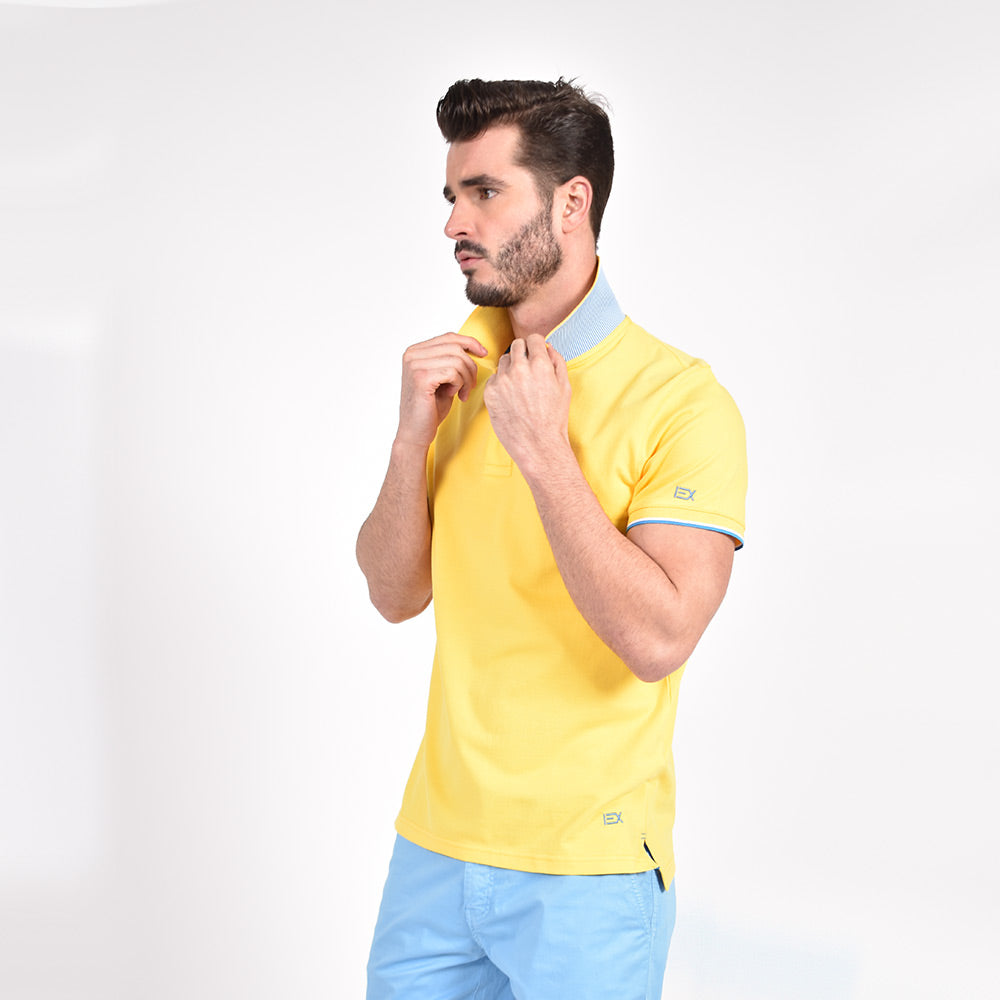 Yellow Polo with Double Sided Collar with Blue and White Ribbed Texture Polos Eight-X