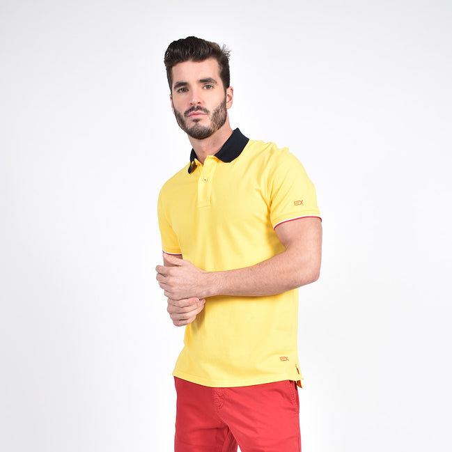 Yellow Polo with Double Sided Navy Collar with Multi Colored Stripes Polos Eight-X
